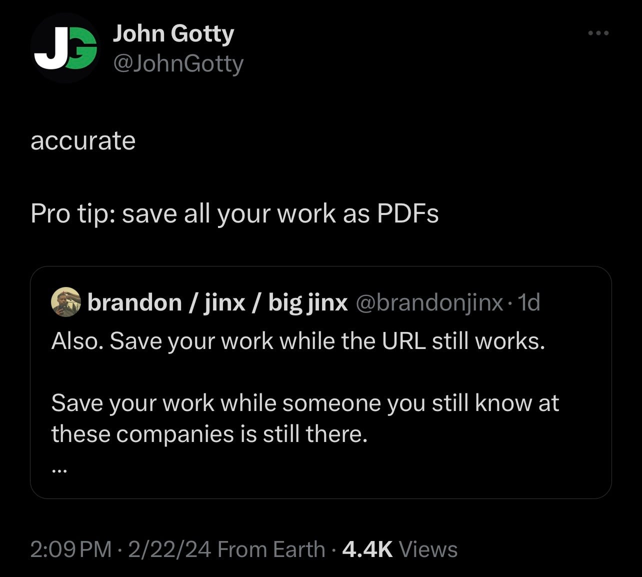 John Gotty @JohnGotty accurate Pro tip: save all your work as PDFs