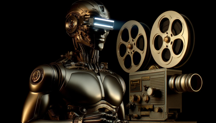 humanoid robot with square visor for eyes stands in dark projectionist booth near movie projector