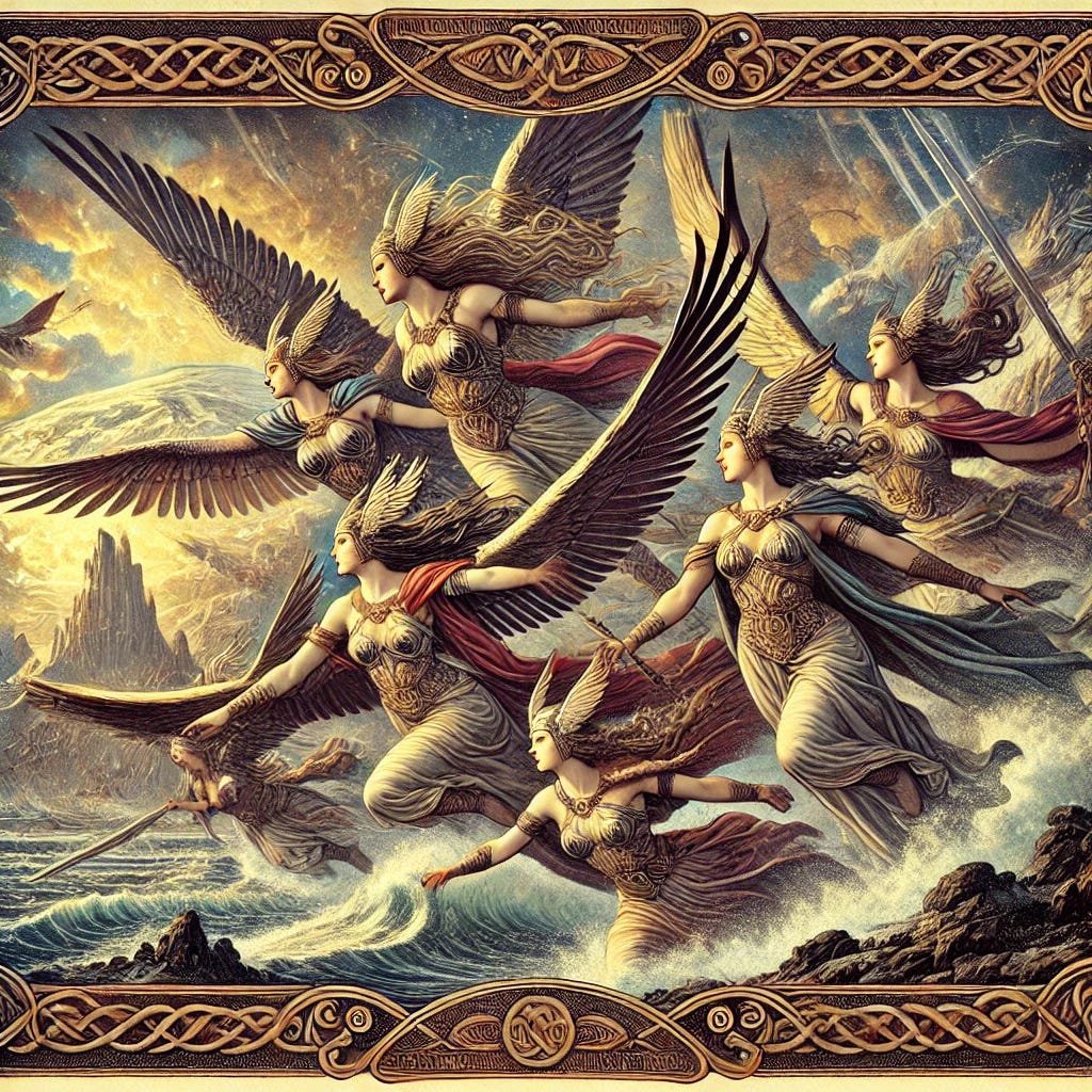 An illustration of Valkyries flying through the sky, framed with knotwork. Image credit: chatgpt.