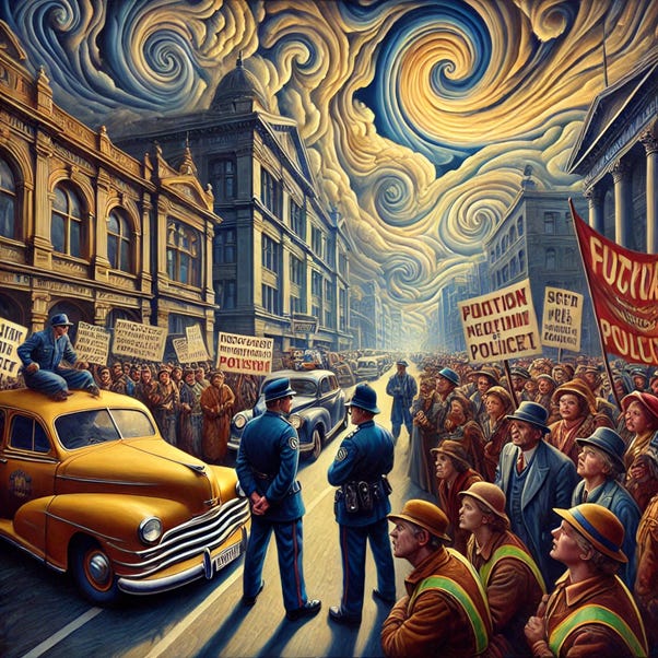 A painting of a crowd of people in a street with a yellow car

AI-generated content may be incorrect.