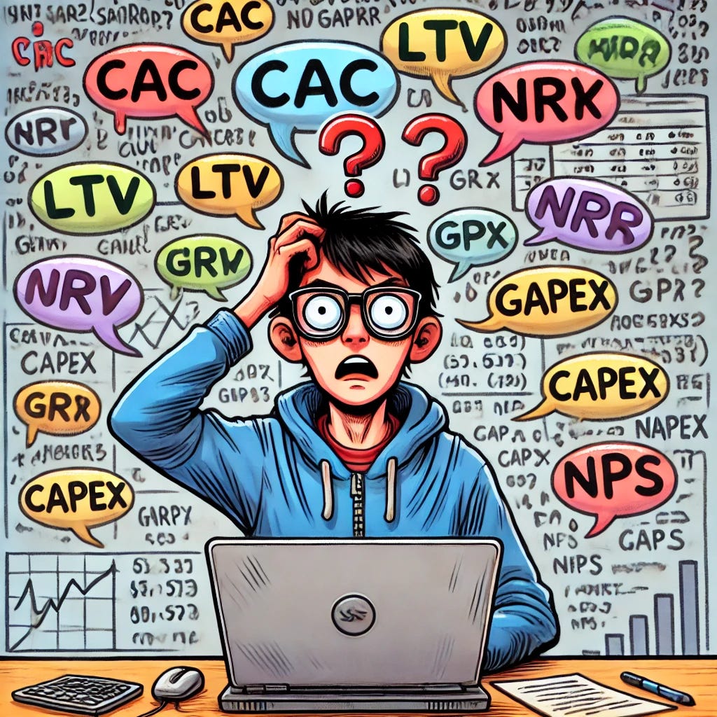 A humorous comic-style drawing of a software engineer looking completely confused and overwhelmed by business jargon. The engineer, wearing a hoodie and glasses, is sitting at a desk with a laptop, scratching their head. Around them, floating in the air, are various business acronyms like 'CAC', 'LTV', 'NRR', 'GRR', 'CapEx', and 'NPS', swirling in chaotic speech bubbles. The expression on their face is exaggeratedly puzzled, with question marks above their head. The background is a simple office setting with a whiteboard covered in complex financial graphs and terms. The style is colorful and cartoonish, emphasizing the humor of the situation.