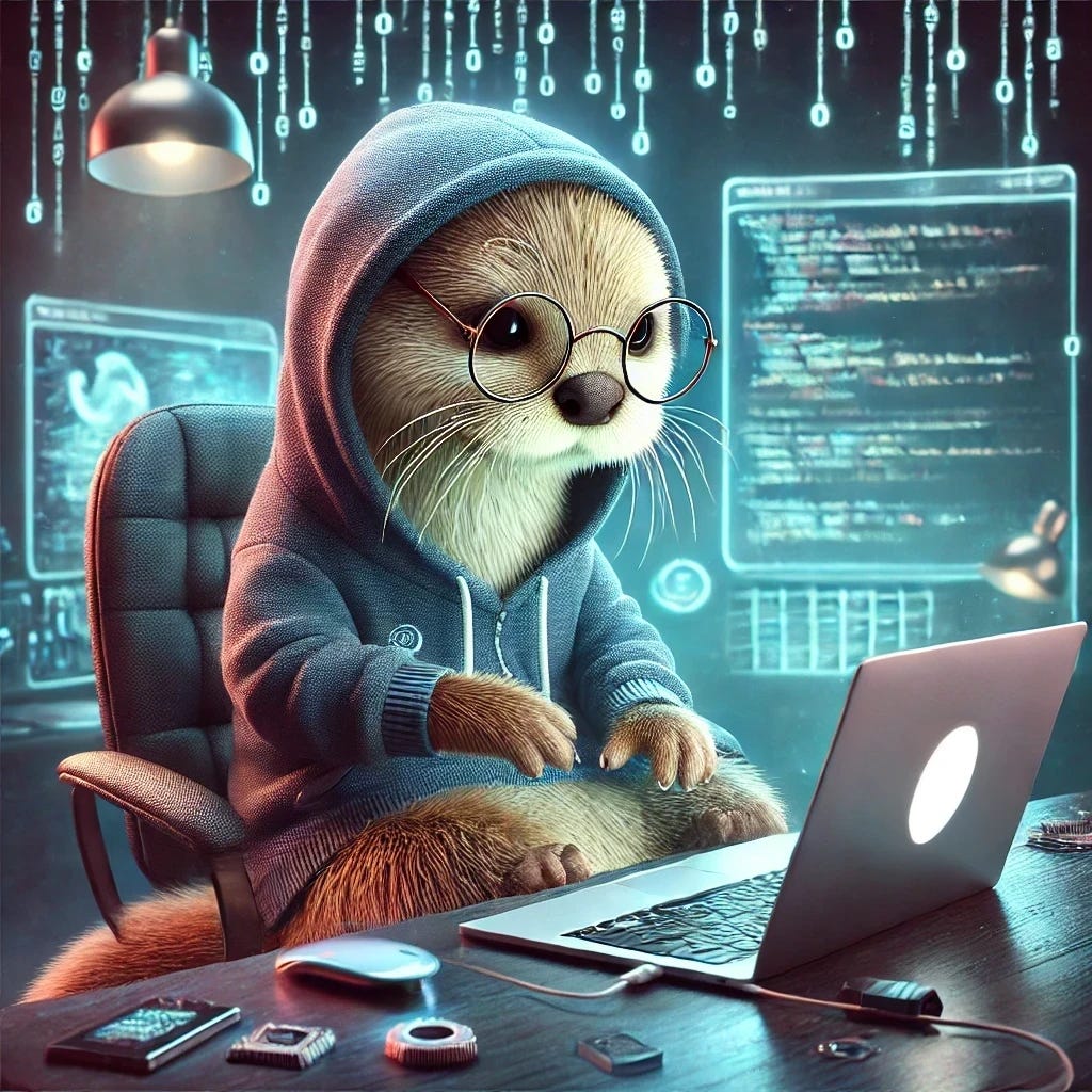 A whimsical hacker otter sitting on a chair in front of a laptop with no logos or branding in a dimly lit room. Its front paws are some distance away from the keyboard, but ready to type, while its back paws are mostly below the table but the toes are touching it. The otter is wearing a hoodie and glasses, surrounded by glowing code and a few gadgets like wires, a USB stick, and a modern, sleek computer mouse. The background features a high-tech, cyberpunk aesthetic with neon lights and futuristic screens. The otter's fur looks soft and the overall vibe is mischievous and clever.