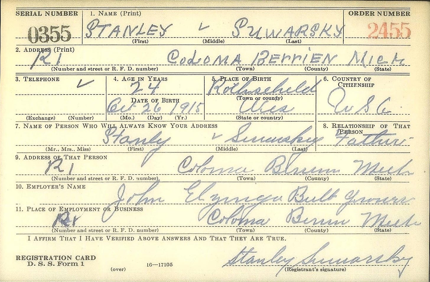 PVT Stanley Suwarsky Darft Card, 101st Airborne Division