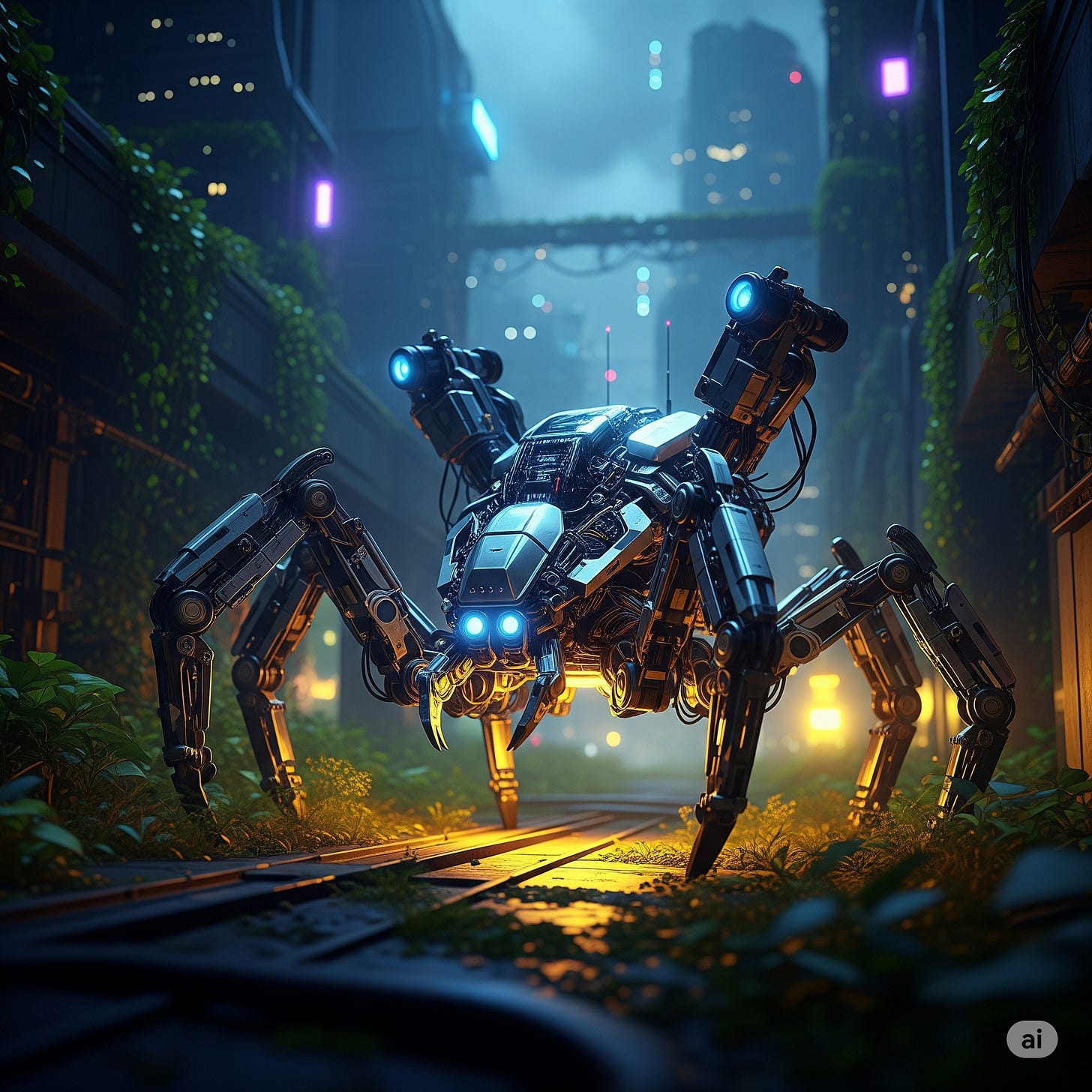 Futuristic AI crawler robots with glowing blue lights navigating through a digital urban landscape