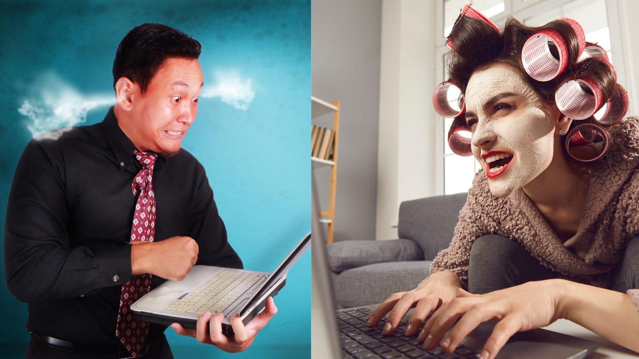 An angry man and woman typing on a laptop.