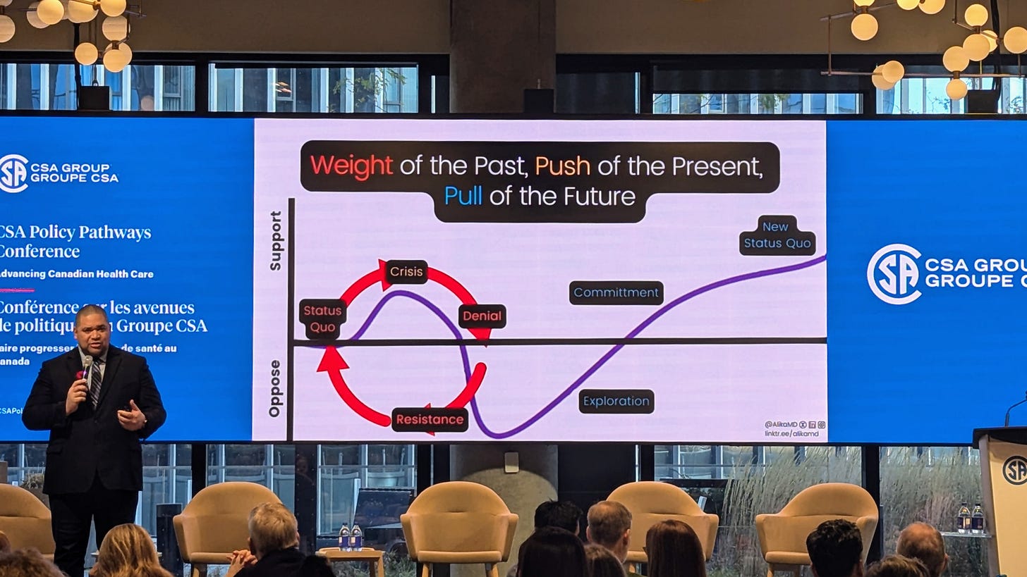 Dr. Alika Lafontaine presenting. On the screen is a model of how change happens describing the weight of the past, push of the present, and pull of the future.