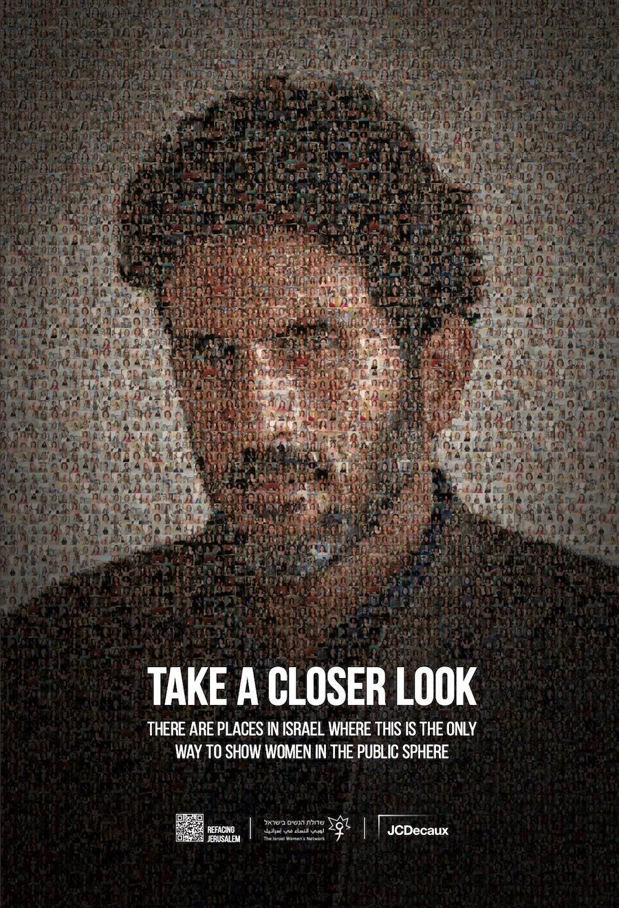 Immagine della campagna "Take a closer look", in cui il volto dell’attore Tsahi Halevi è un mosaico composto dalle immagini che sono state deturpate, in quanto mostravano figure femminili.