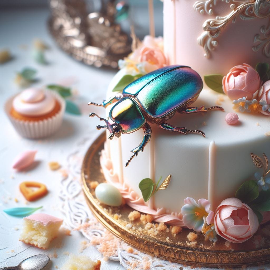 an aluminum insect sitting on a cake
