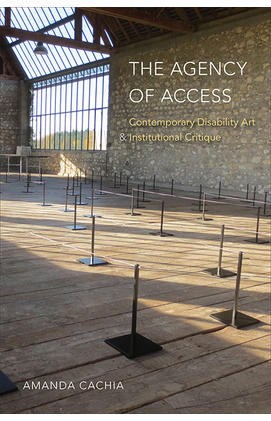 The cover of a book features an image of an artwork that divides an exhibition space the way ropes at an airport create lines.