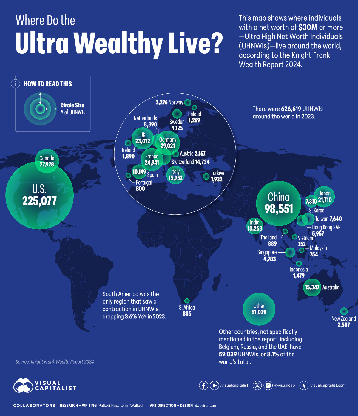A map of the world showing where the wealthiest people live in 2024.