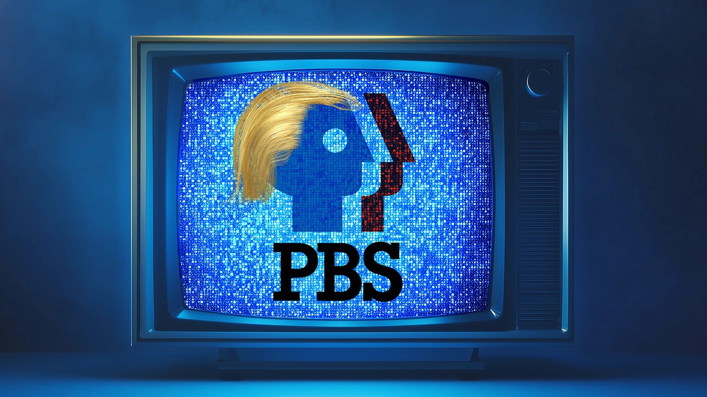 A PBS logo with Trump's signature hairdo on top