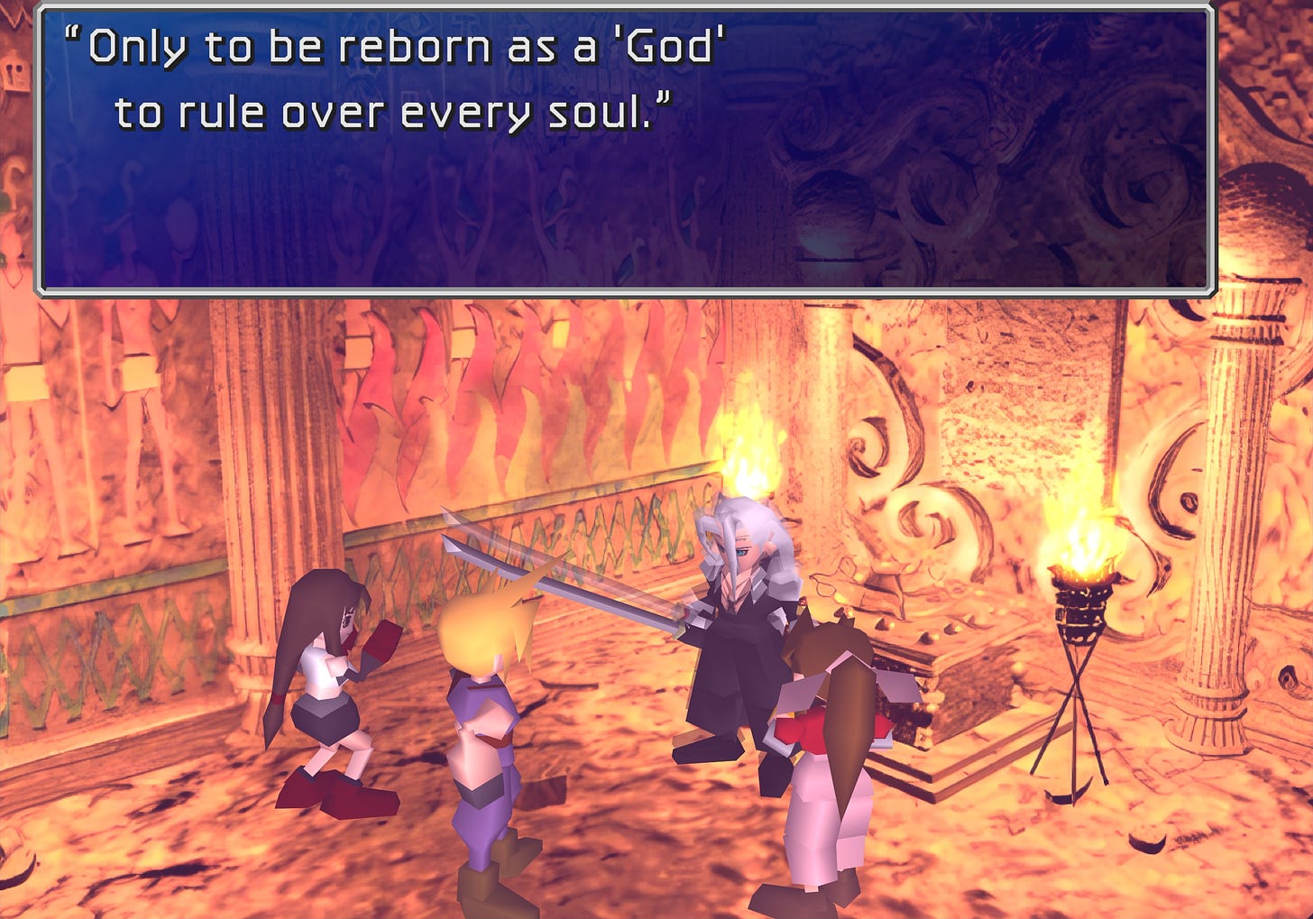 Sephiroth in the Temple of the Ancients: "Only to be reborn as a 'God' to rule over every soul."