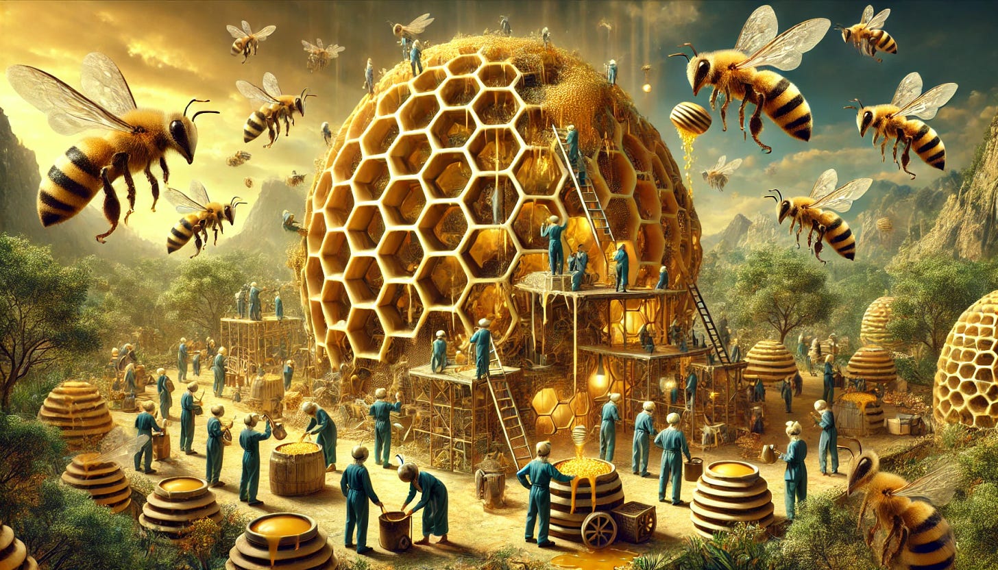 A surrealistic scene depicting humans working as bees around a giant beehive-like structure. The hive is intricately designed with honeycomb patterns, resembling a futuristic skyscraper. People are depicted wearing bee-like outfits, using tools and machinery to maintain and construct the hive. The atmosphere is bustling with activity, illuminated by golden light reflecting off the honey-like surfaces. The background features a natural environment blending into a cityscape, symbolizing harmony between nature and urban life.