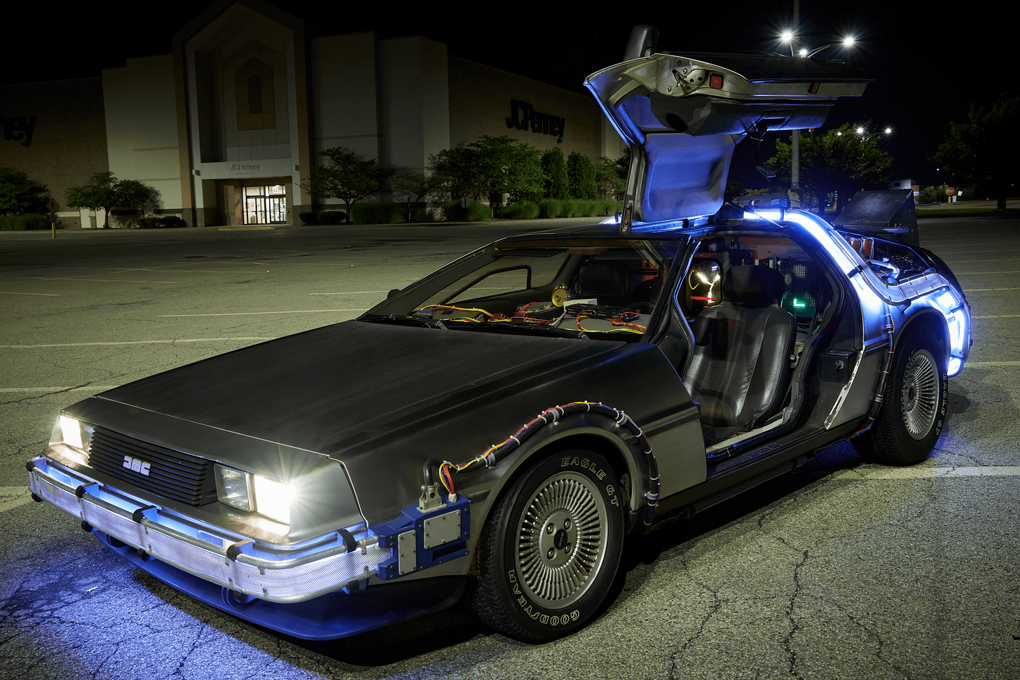 This is replica of the DeLorean Time Machine from the Back to the Future trilogy, made by Joe Kovacs. This photo was taken during a photoshoot at the Beaver Valley Mall in Monaca, Pennsylvania the evening of September 9th, 2023.