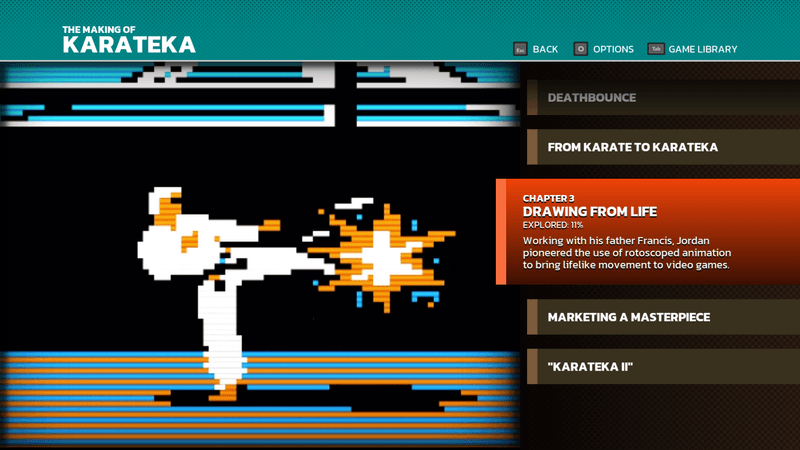 A screenshot from The Making of Karateka, showing the details of Chapter 3, "Drawing From Life," with explainer text that reads, "Working with his father Francis, Jordan [Mechner] pioneered the use of rotoscoped animation to bring lifelife movement to video games." On the left is a zoomed in image from Karateka itself, of the protagonist delivering a kick.