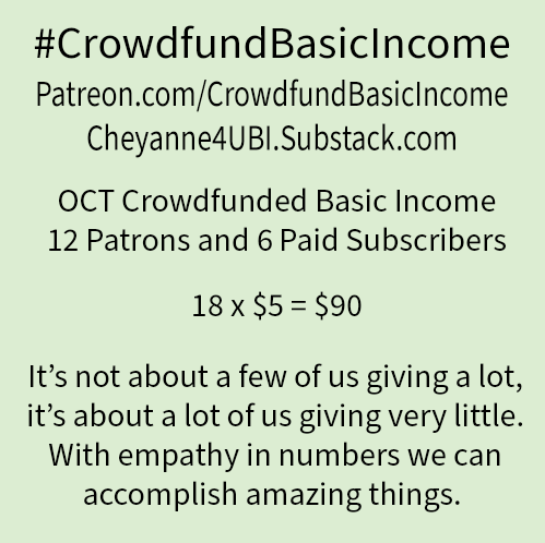 Infographic showing crowdfunded basic income for patreon.com/crowdfundbasicincome and cheyanne4ubi.substack.com in October 2023