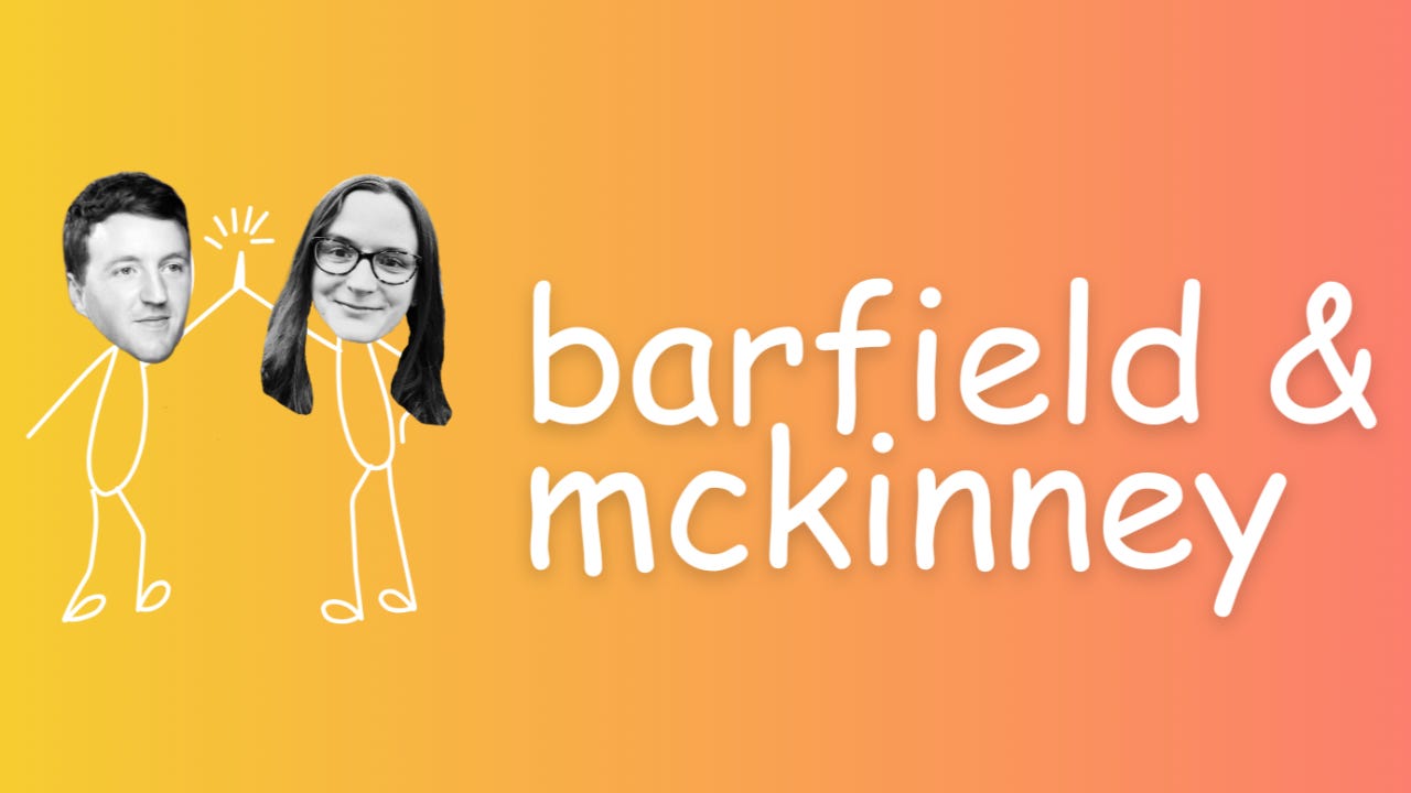 Mel Barfield and Ben McKinney are stick people high fiving with yellow and peach background and white letters that read "barfield & mckinney"