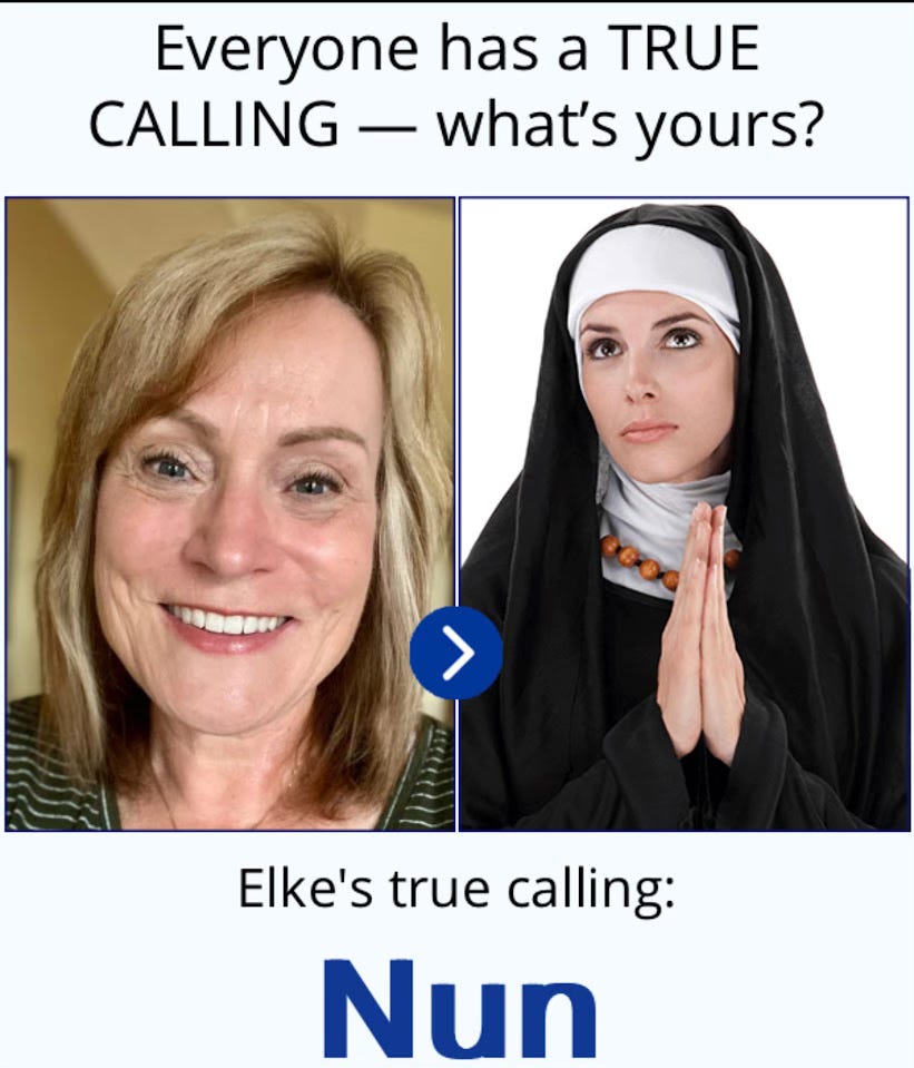 A Facebook game showing nun as the true calling of the author