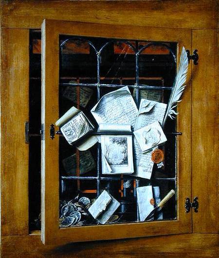 A trompe l'oeil of an open glazed cupboard door, with numerous papers and objects, 1666 - Cornelis Norbertus Gysbrechts