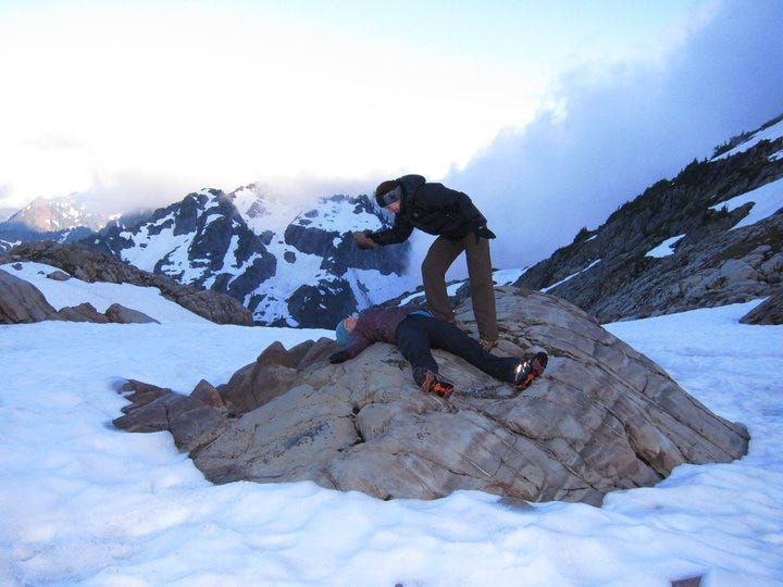 Her 2nd backpacking trip ever to Gothic Basin was also her first time camping on snow.  And my first time being pummelled with a rock by my mother.  (no daughters were hurt in the taking of this photo)