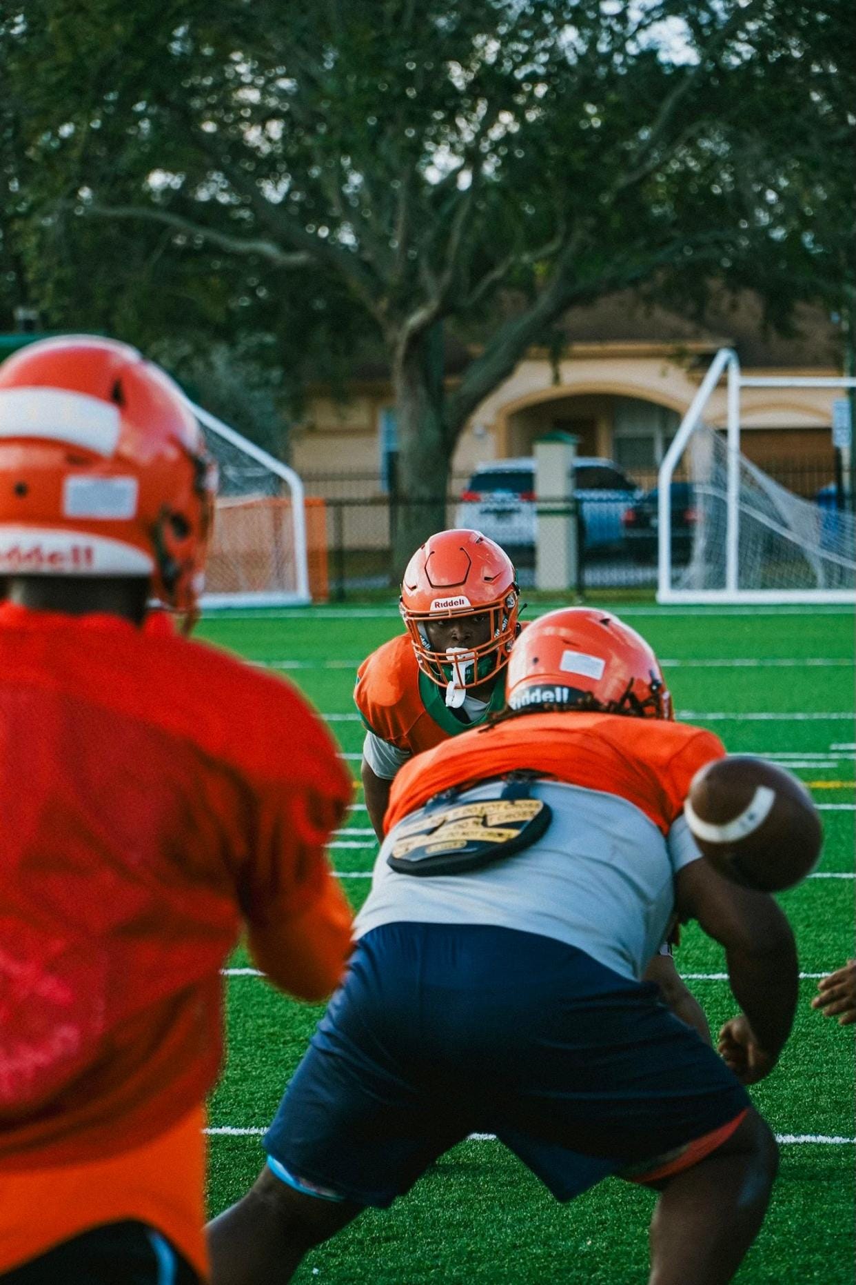 Ely linebacker Keith Thompson looks into the backfield during practice