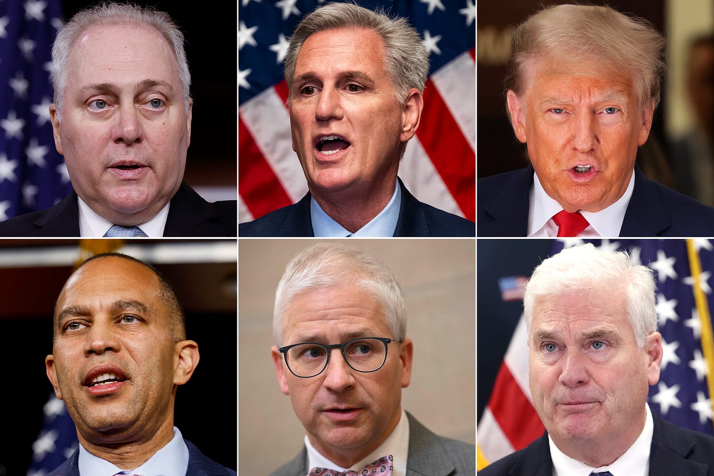 <p>Steve Scalise, Kevin McCarthy, Donald Trump (top L-R), Hakeem Jeffries, Patrick McHenry and Tom Emmer (bottom L-R) </p>