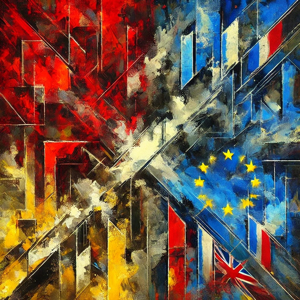 An abstract painting representing geopolitical tension and European self-reliance. The composition features bold, intersecting shapes in red, blue, and yellow, symbolizing different global powers. Dark, jagged lines create a sense of division and uncertainty, while dynamic brushstrokes suggest movement and struggle. The background is layered with textured color fields, evoking a sense of urgency and transformation.