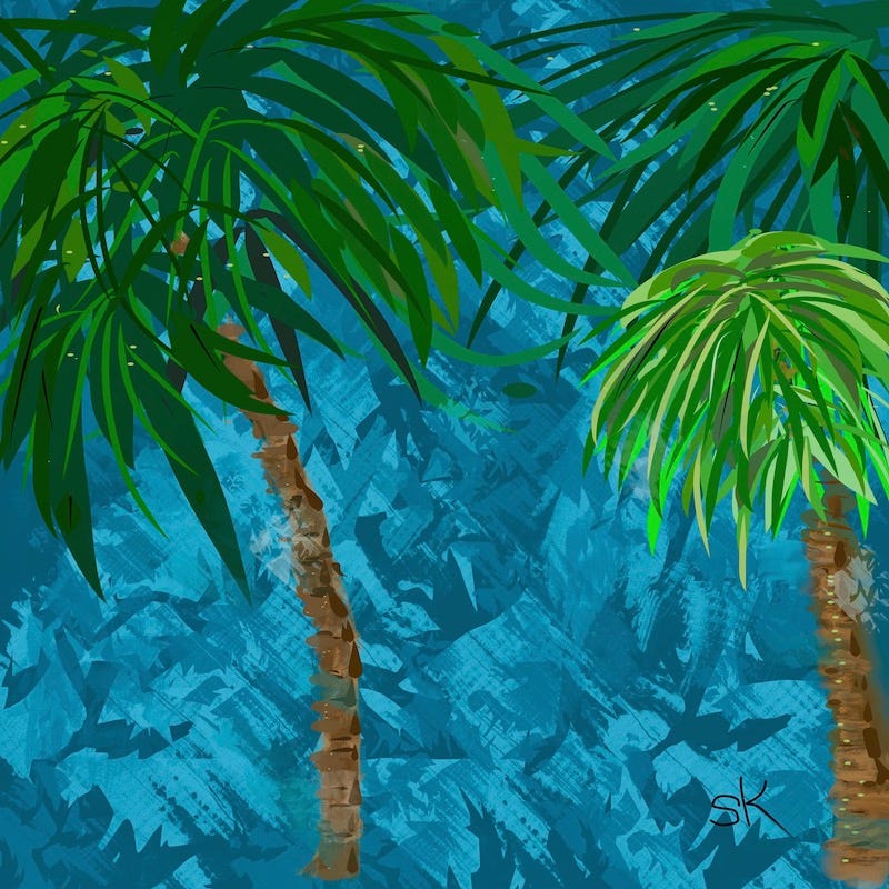 Abstract painting by Sherry Killam Arts of three palm trees together against a patterned blue background.