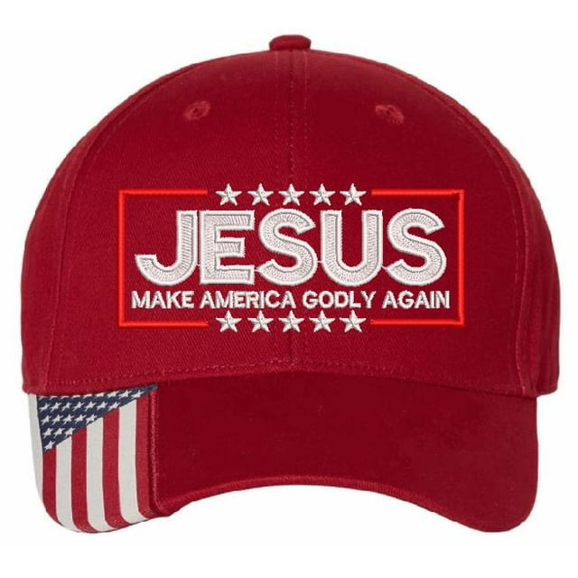 Faithgraphics.Net Red Outdoor Cap Jesus Make America Godly Again Embroidered USA300 Adjustable Hat with Flag on Brim