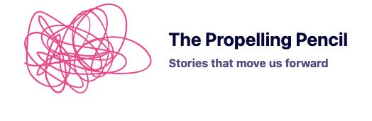 The Propelling Pencil logo (a pink scribble) and tagline: stories that move us forward