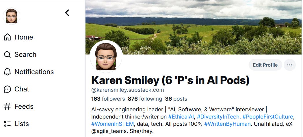 Screen shot of Karen Smiley's Bluesky home page and bio