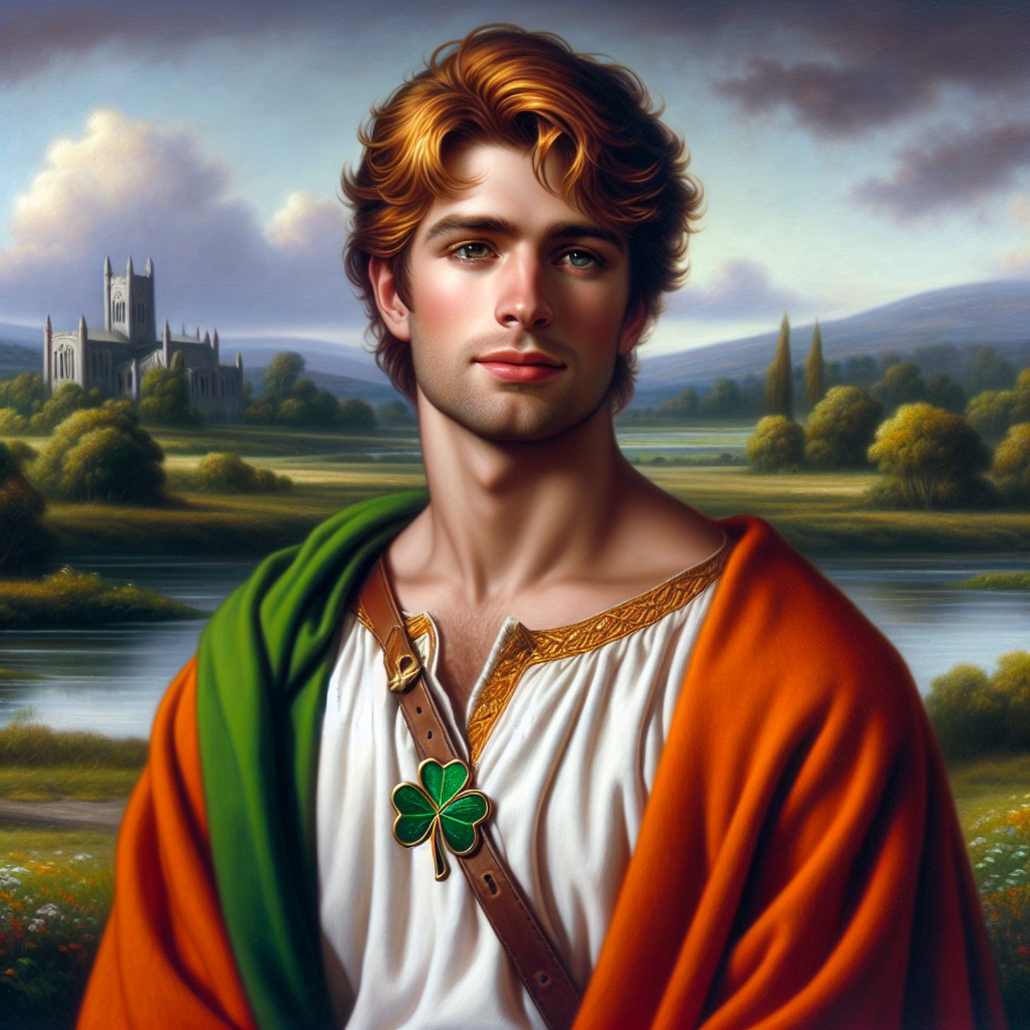 The image presents a romantic and idealized portrait of a man who could be interpreted as a young Saint Patrick, the patron saint of Ireland. He is depicted with a serene expression, gazing into the distance. His features are classical, with a chiseled jaw, a straight nose, and deep, piercing blue eyes that seem to reflect a sense of purpose and calm intelligence. His hair is a rich auburn, with soft waves that fall to his shoulders, suggesting a youthful vigor and a touch of nobility.  He is adorned in a period-appropriate white tunic with ornate golden embroidery along the neckline, adding a touch of elegance and possibly indicating a status of religious or social distinction. Draped over his shoulders is a cloak with a dual color scheme: a rich, emerald green on the inside, symbolizing Ireland’s verdant landscape, and a bold orange on the outside, which could be seen as representing the fire of the faith he spread across Ireland.  The brown leather strap crossing his torso is both functional and symbolic, holding his cloak in place and featuring a brooch that is unmistakably a three-leaf shamrock clover, widely recognized as a symbol used to explain the concept of the Holy Trinity.  Set against a bucolic backdrop, the scene includes a river reflecting the sky, lush greenery, and a distant cathedral with gothic spires, all bathed in a soft, diffused light that suggests a divine presence or blessing. The cathedral may represent the Christian faith that Saint Patrick is credited with spreading throughout Ireland, and the peaceful landscape could be symbolic of the tranquil state of the soul at harmony with faith and nature.