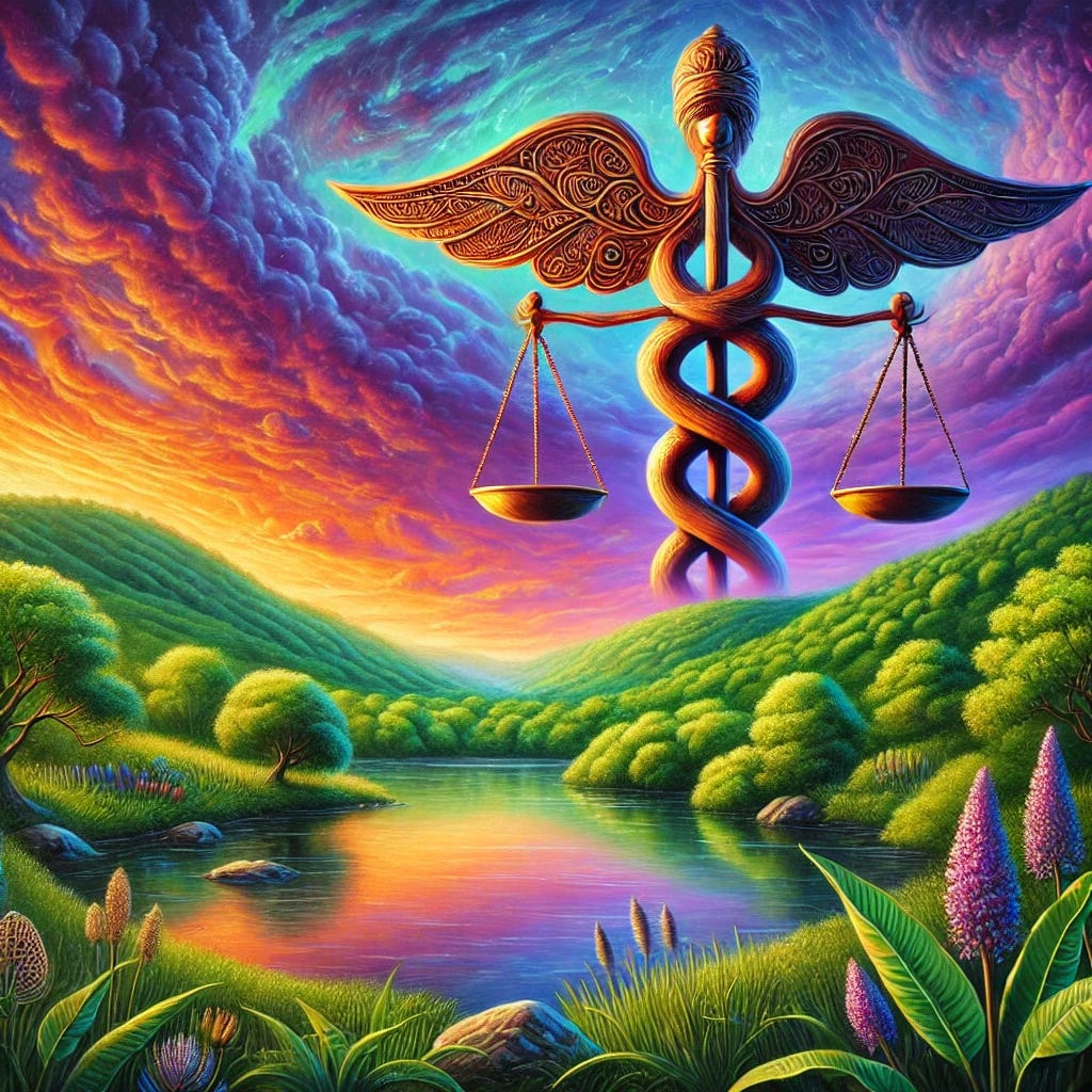 A highly detailed and skillfully rendered oil painting with vibrant colors, depicting a serene landscape symbolizing medical freedom. The sky features a stunning gradient of purples and oranges, reminiscent of a sunset, casting a warm glow over lush green hills. In the foreground, a calm river reflects the sky's hues, while beside it, intricately designed scales of justice float gently above the water, symbolizing balance and medical freedom. The brushstrokes are rich and textured, showing the artist's skill and adding depth and movement to the scene, with the colors blending harmoniously.