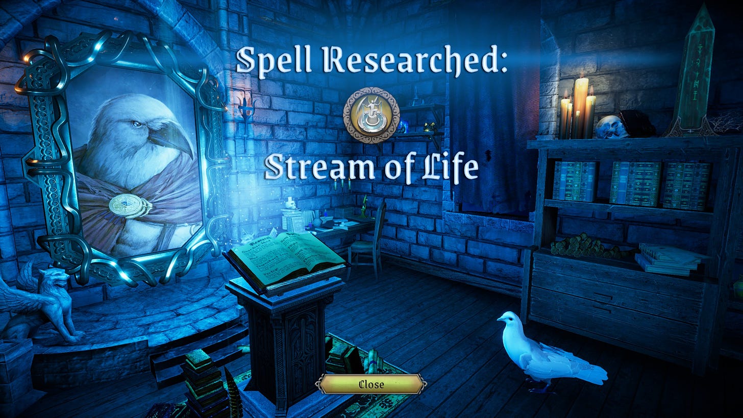 A screenshot of Master of Magic remake showing the conclusion screen of a spell research in a quiet magical study. The spell is Stream of Life. The mage character who researched the spell is a large corvid-like white humanoid.