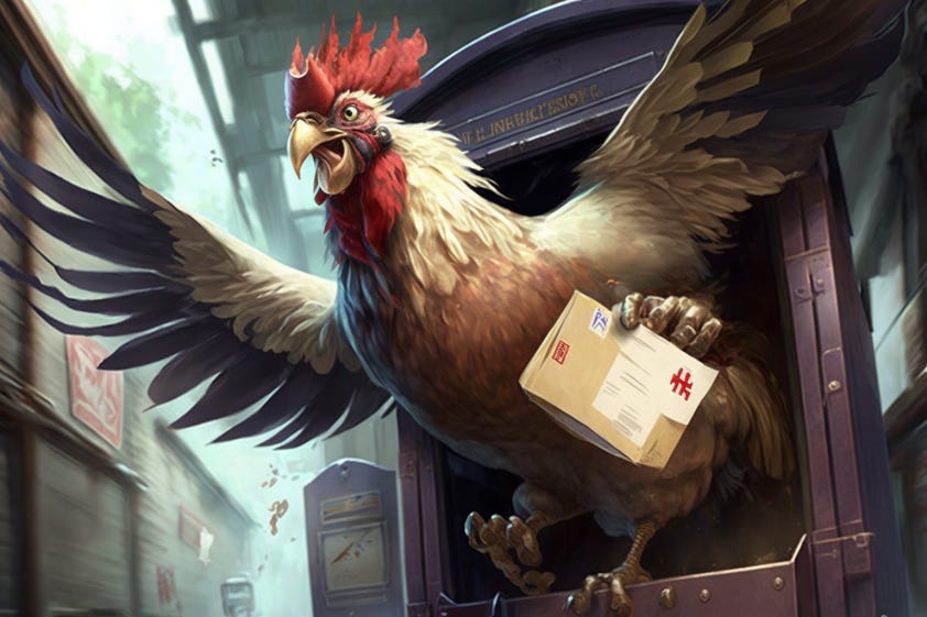 Ai-generated image of a Rooster delivering mail
