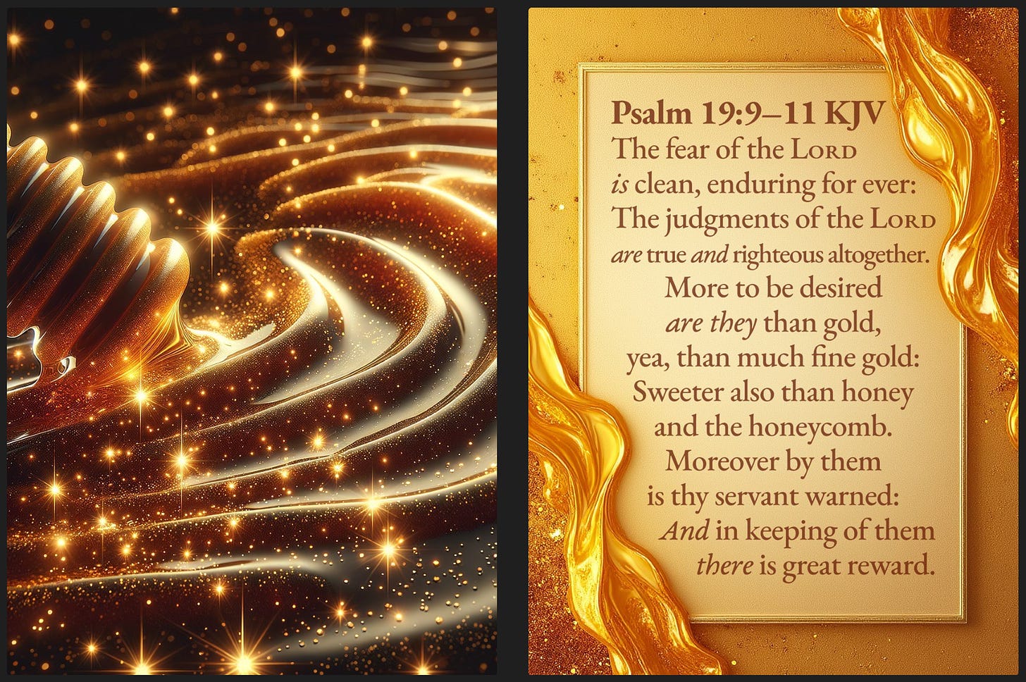 The image has two parts: the left side shows a honey dipper pouring sparkling, golden honey that forms shimmering, swirling waves, creating a luxurious and radiant effect. The right side displays a verse from Psalm 19:9-11 KJV in a golden, ornate design, highlighting the precious and sweet nature of God's words compared to fine gold and honey.