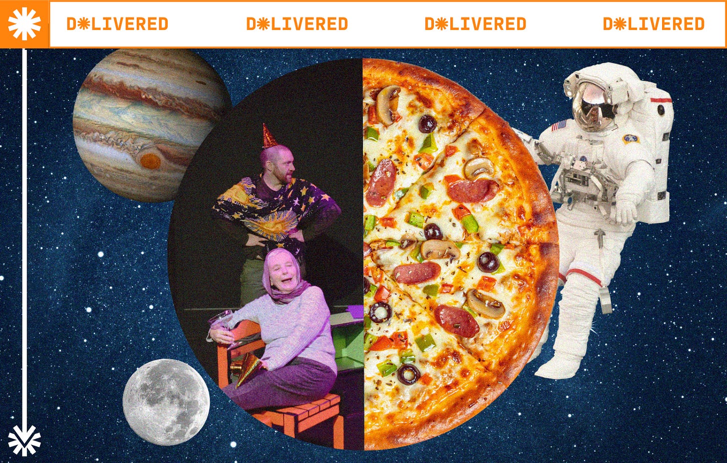 Half a pizza with mushrooms, salami, olives and cheese as toppings, with performers on stage making up the other half of the pizza. In the background is a space scene with an astronaut and planets