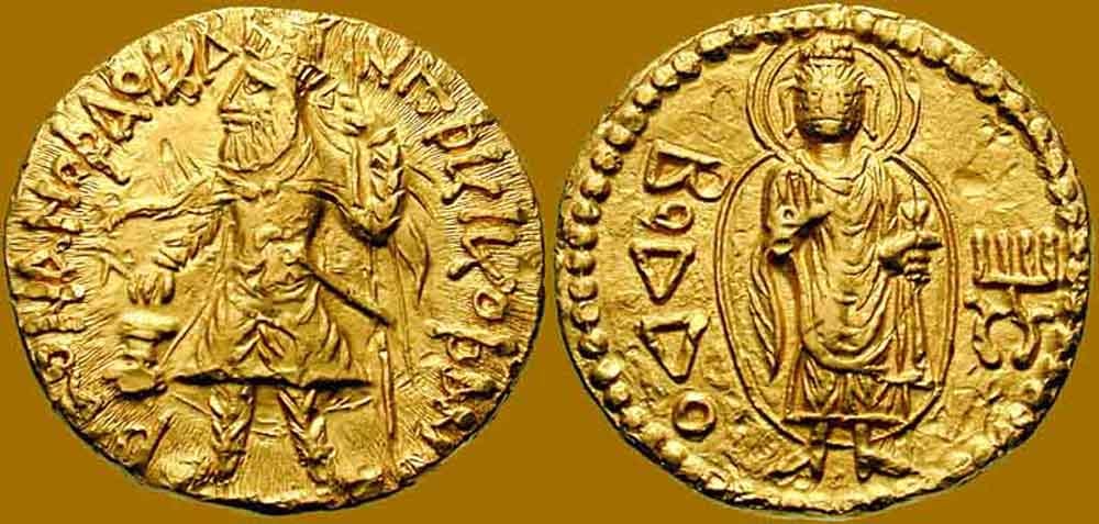 Gold coin of Kushan king Kanishka depicting Buddha. Circa 128-150 CE ...