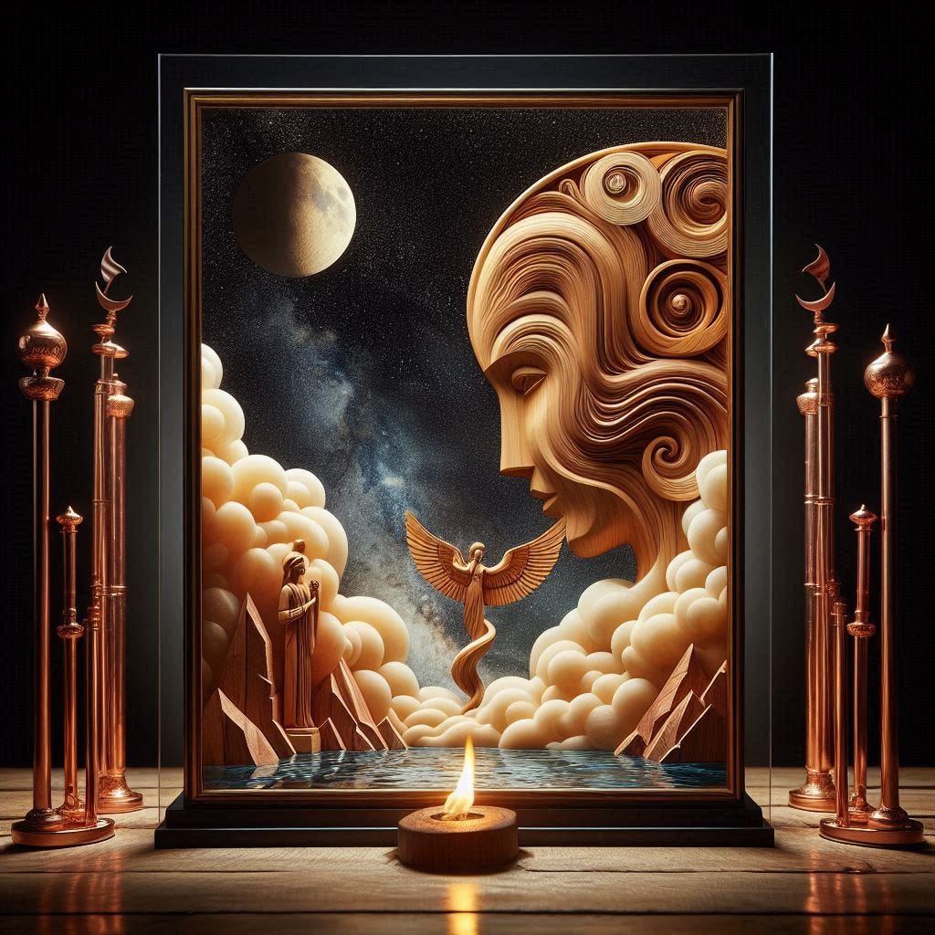  angle behind a glass screen with with a small fire in it over image of  Birchwood/rosewood "Wheel of Fortune"// ANGEL and SPHINX / water in resin/ soft, beautiful/honey-wood and copper/ Marquetry, copper verdigris. mountain/ fluffy cloud floating low in foreground / honey-gold-swirl/surrounded by copper pipes/verdigris.REFLECTED/ Inspired by style of Jeffrey Catherine Jones /backdrop of swirling clouds under moon.black starry sky 