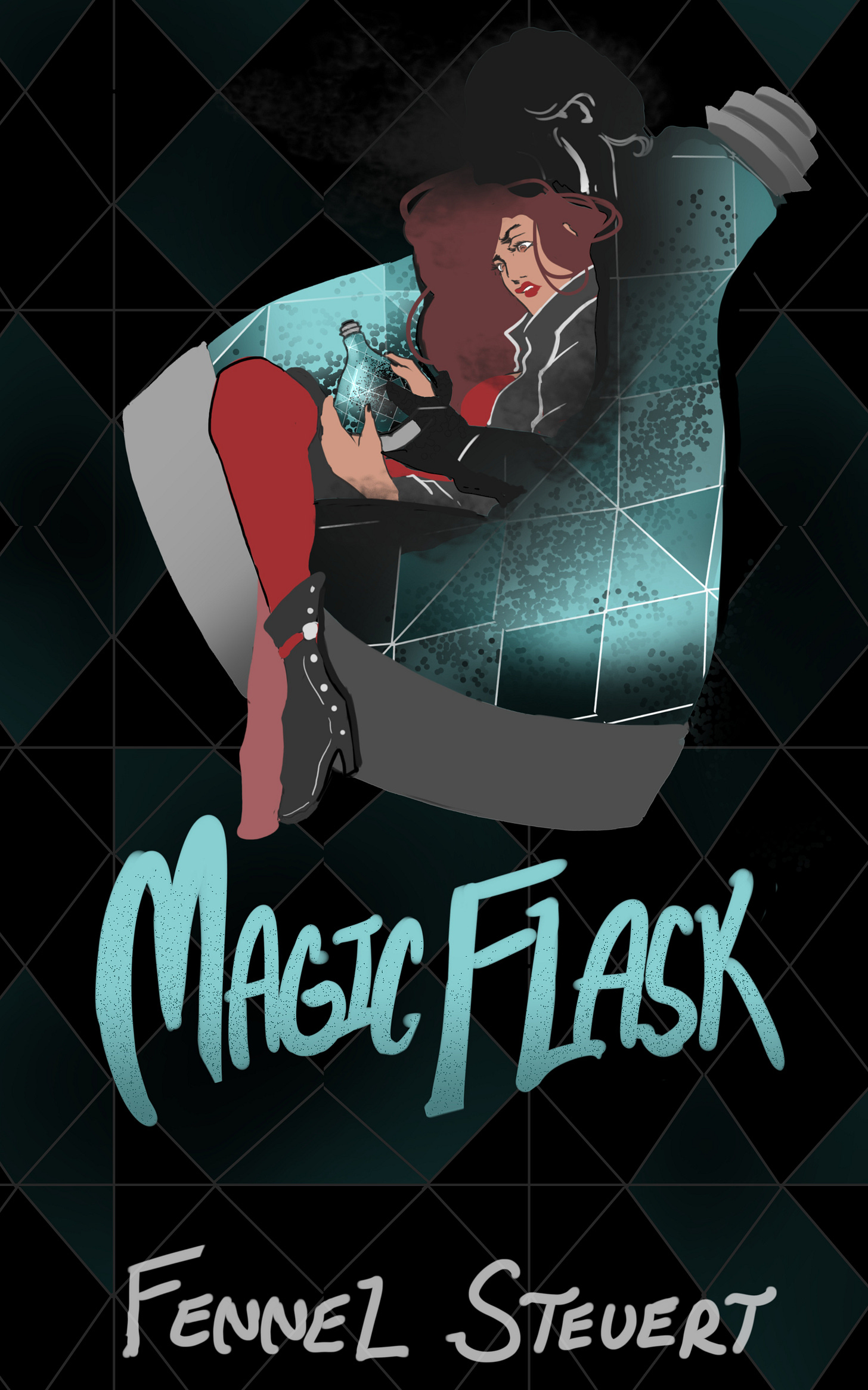 Cover of MAGIC FLASK by Fennel Steuert features brown-skinned woman phasing out of a giant flask with a spirit holding her.