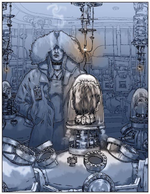 In a subzero laboratory filled with mysterious instruments, a woman wearing a hooded parka contemplates a collection of frozen human heads preserved under glass atop large metal tanks.