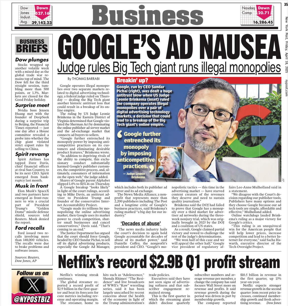 😂 “La publicidad nauseabunda de Google” (Google’s ad nausea). Publicación del New York Post de Rubert Murdoch el 18 de abril de 2025. 😂 “La náusea publicitaria de Google” (Google’s ad nausea). Publicación del New York Post de Rubert Murdoch el 18 de abril de 2025.