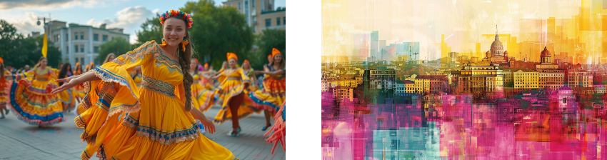 On the left, a group of women in vibrant yellow traditional dresses perform a dance outdoors. On the right, a colorful, abstract digital art representation of a city skyline with buildings in various shades of pink, purple, and yellow.