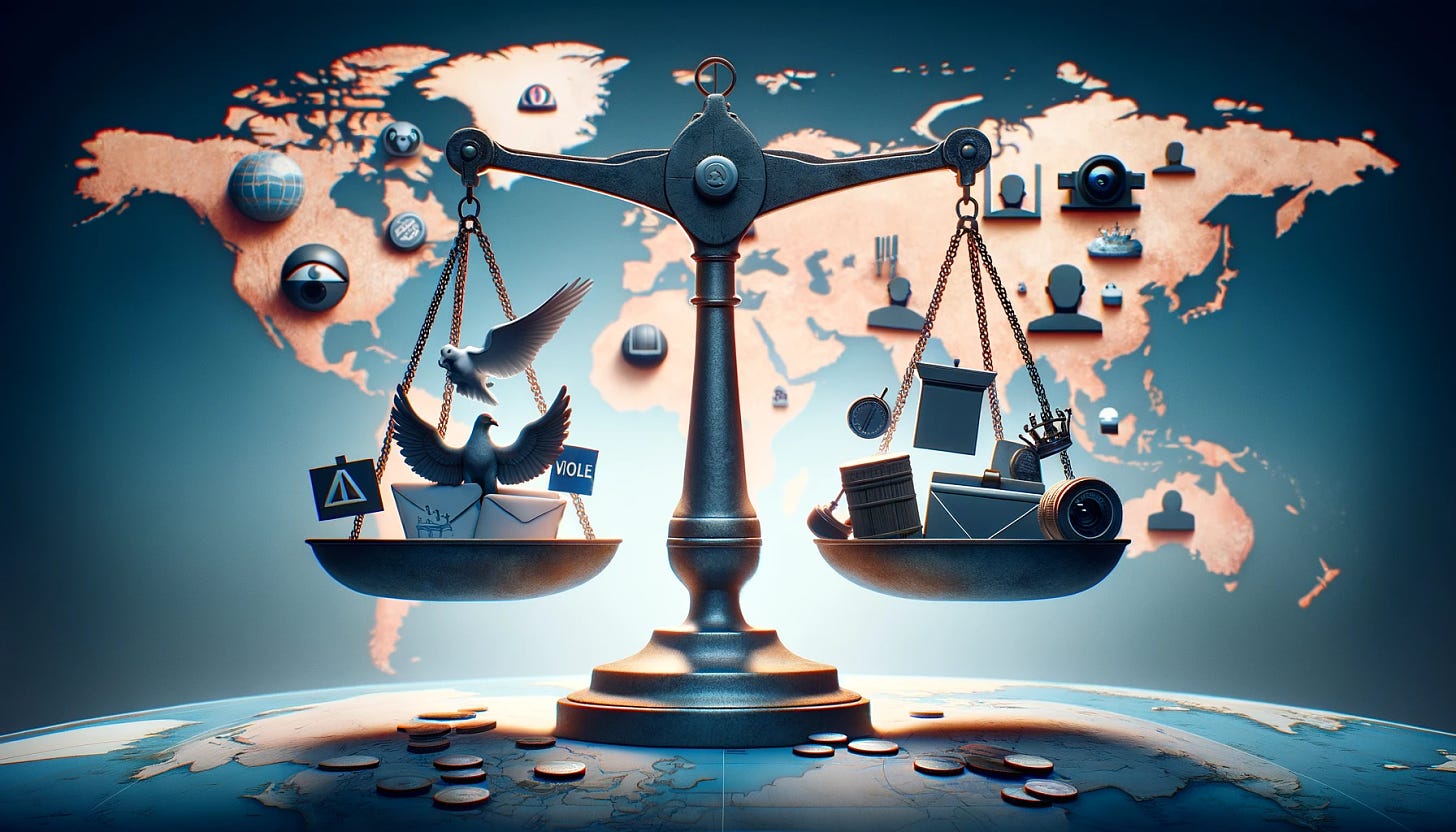 A conceptual illustration showing a balance scale with symbols of democracy (like a ballot box, a dove, and a voting booth) on one side and symbols of autocracy (like a closed fist, a crown, and a surveillance camera) on the other, representing the global struggle between democratic and autocratic forces in 2024. The background should be a world map, subtly indicating various countries facing these challenges, with an overall tone that is both serious and thought-provoking. The image should be in panoramic format.