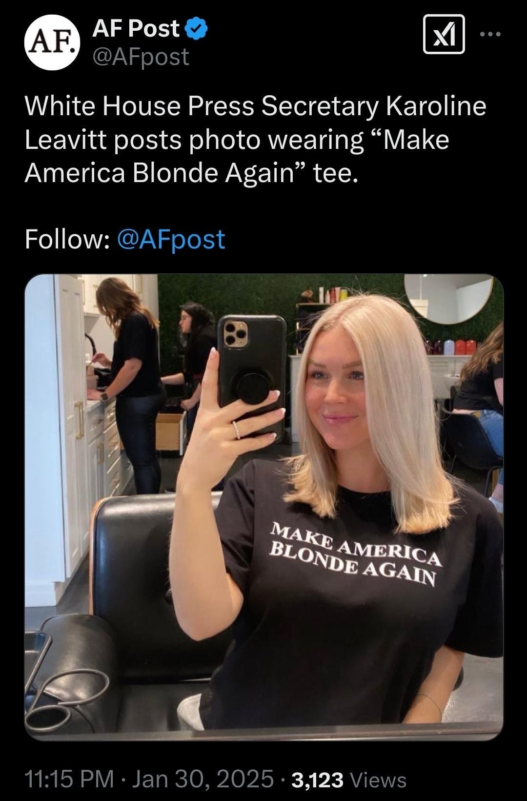 White house press secretary karoline leavitt posts wearing "Make America Blonde Again" tee