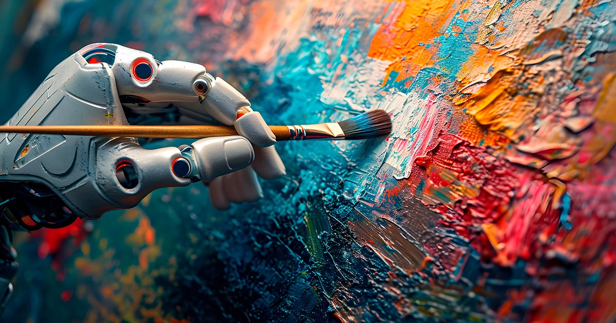 AI generated image of a robotic hand painting an abstract, colourful canvas.