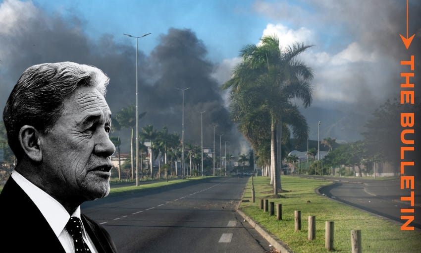 A black and white picture of Winston Peters on top of an image of billowing black smoke in New Caledonia