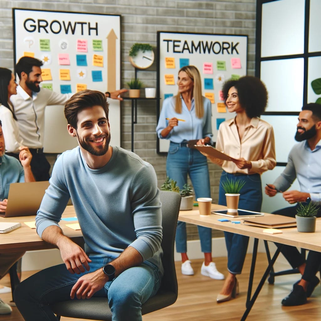 A modern office setting with diverse employees engaged in a feedback session. One employee is sitting at a desk, listening attentively while another stands nearby, speaking with a friendly and open expression. On a whiteboard behind them are positive affirmations like 'Growth', 'Teamwork', and 'Success'. Another group in the background is engaged in a 360-degree feedback activity, with individuals writing on sticky notes and placing them on a feedback wall. The atmosphere is collaborative and supportive, with smiles and engaged body language, symbolizing a healthy feedback culture.