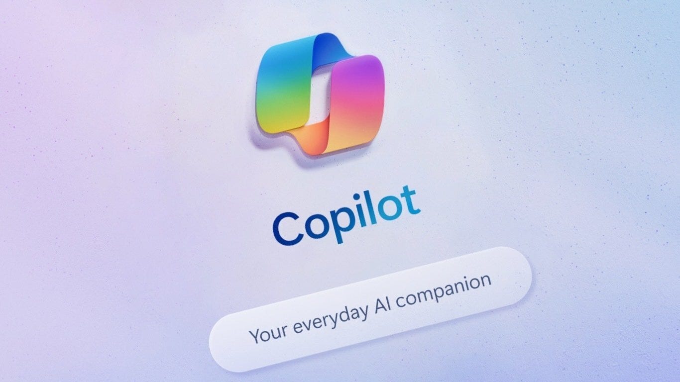 Copilot text with rainbow-like circular squiggly logo above it and "Your everyday AI companion" in a web button below it.