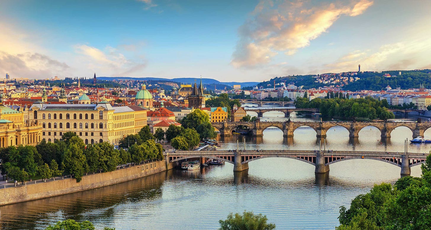 Skyline of Prague with bridges crossing the city's main river.